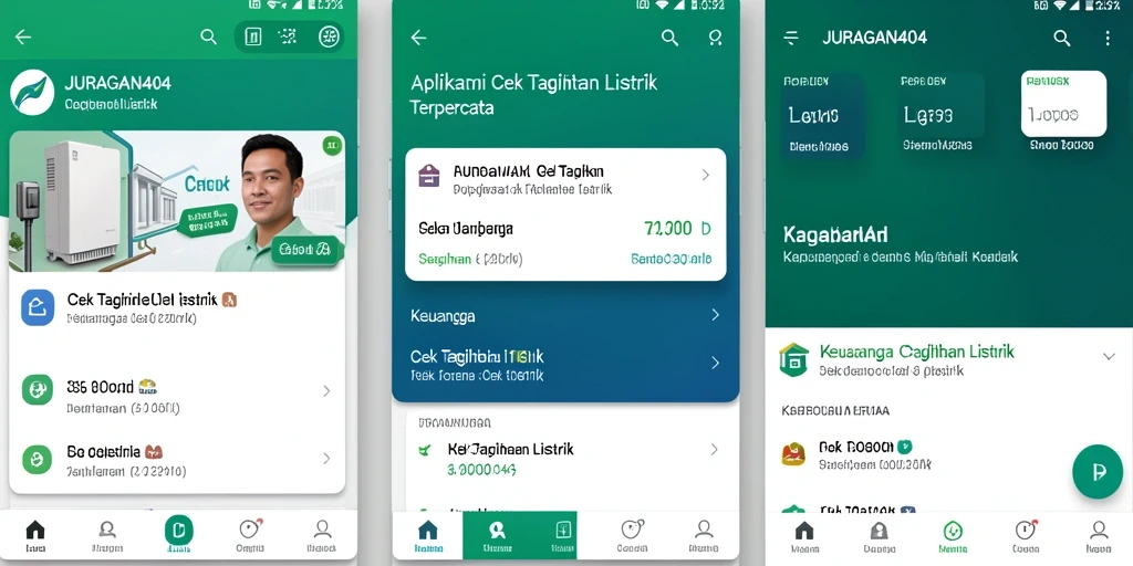 Screenshot utama JURAGAN404 menampilkan antarmuka Cek Tagihan Listrik yang informatif.